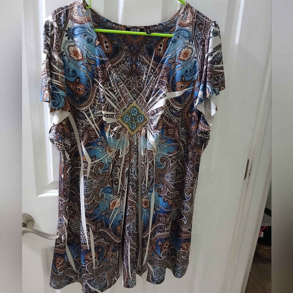 Womens Boho tattoo Print V neckline cap sleeve Top with Embellishments